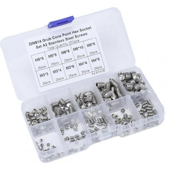 250pcs Hex Allen Head Screws Assortment Kit M3 M4 M5 M6 M8 Grub Cone Point Hex Socket Screws Combination Set