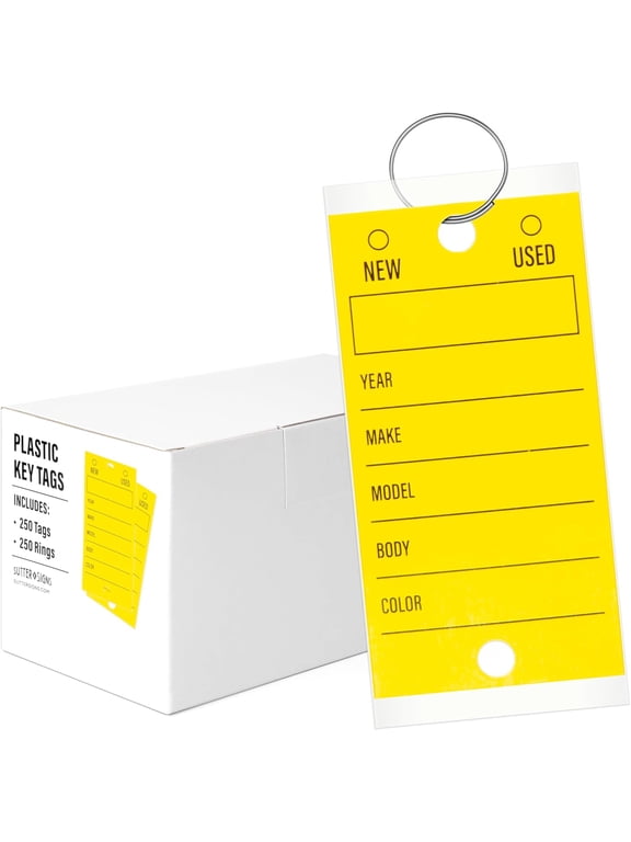 250pcs Key Tags, Self-Protecting Plastic Key Tags with Key Rings for Dealerships, Automotive Service, Yellow