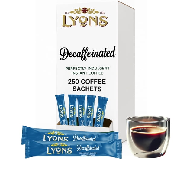 250pcs Lyons Individual Decaffeinated Instant Coffee Sachets - 1.5g Decaf Coffee Sticks - Single Serve Individual Hot Drink Sachets for Hotels, Offices and Travel