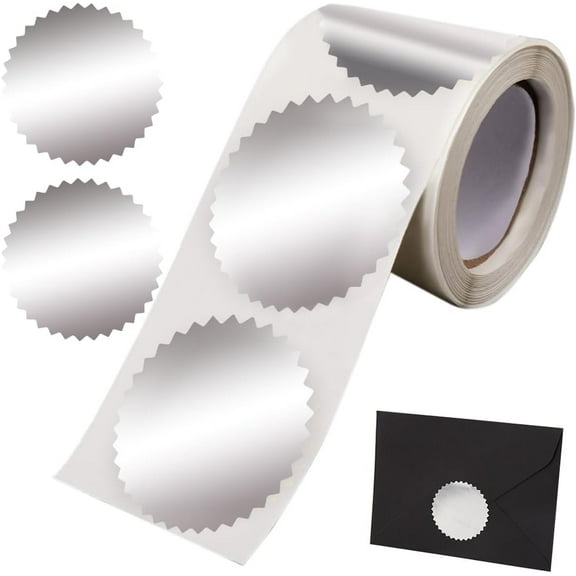 250pcs Silver Envelope Seals & Stickers - Metallic Serrated Edge 2" Round Labels - Silver Foil - Wedding & Package