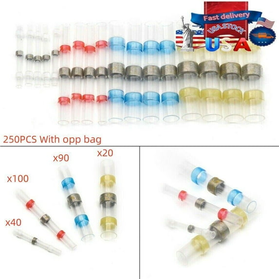 250pcs Waterproof Solder Seal Sleeve Heat Shrink Butt Wire Connectors Terminals