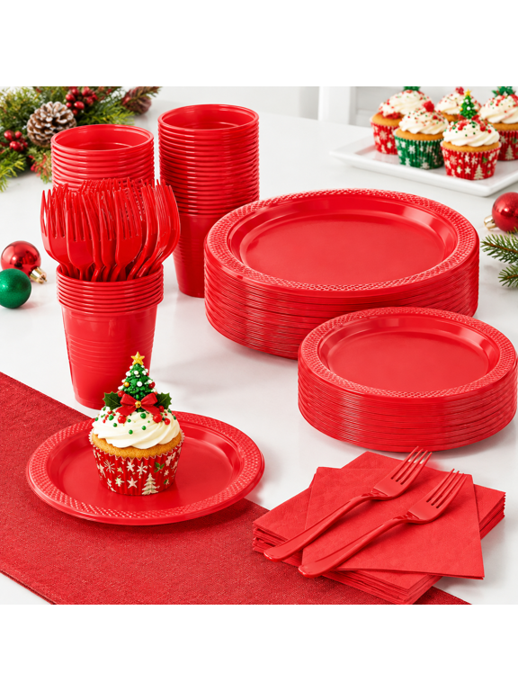 250red Plastic Party Plates And Napkset For Birthday Mas