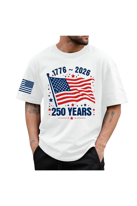 Men's Independence Day Flag Printed Short Sleeve Crewneck T-Shirt Fashion Casual Breathable Tees Quick Dry Soft Shirt White,L