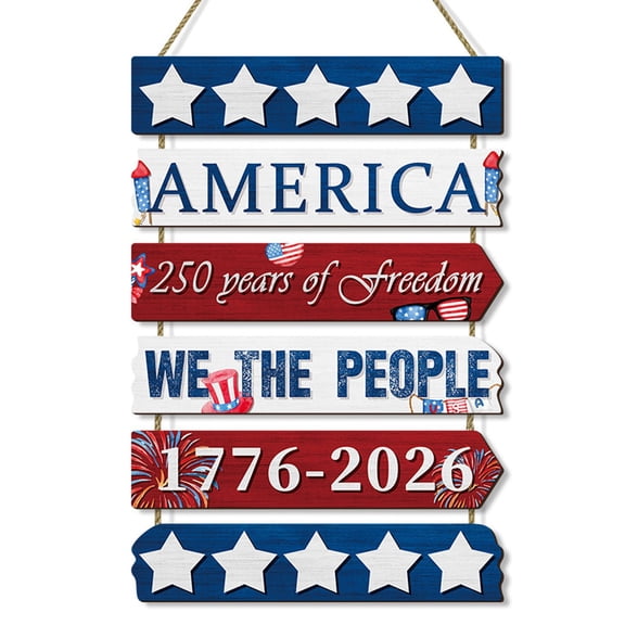250th American Independence Day Wooden Hanging Sign, 4th of July Patriotic Wall Decor, Rustic Red White Blue American Stars Memorial Day Wreath for Front Door Porch Home