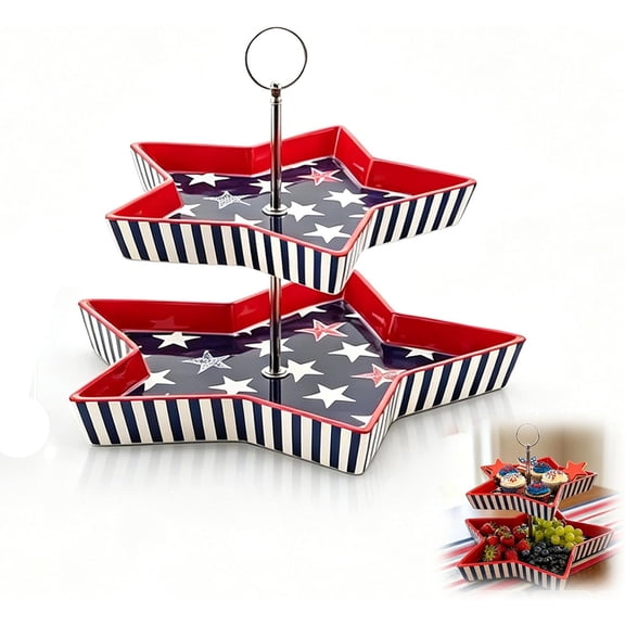 250th American Patriotic Two-Tier Star Serving Tray, Patriotic 2-Tier Star Ceramic Serving Platter, American FlagStar Stripe Tiered Tray for 4th July Party Snack Cupcake Fruit (2PCS)