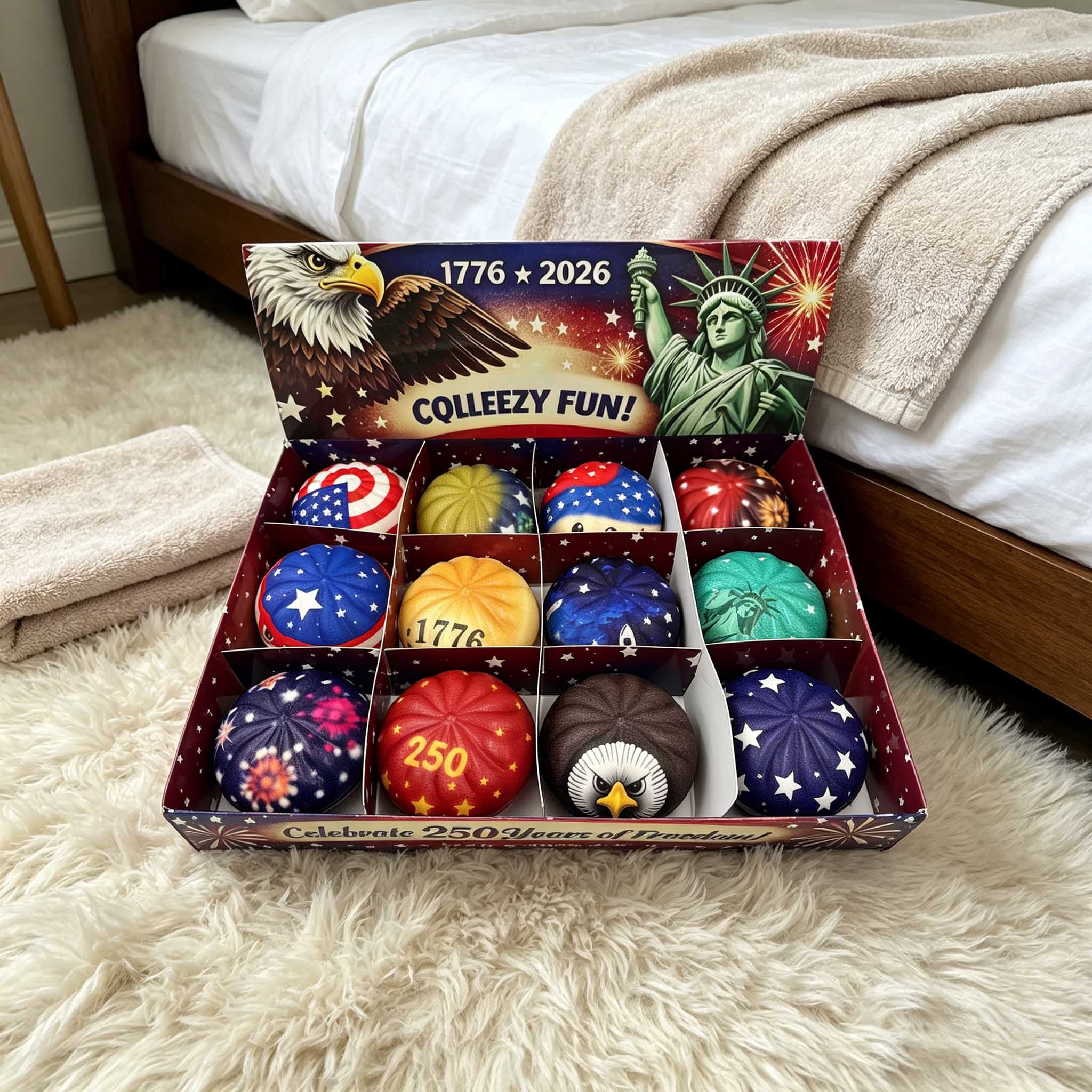 250th Anniversary 1776-2026 Squishies Bao Bun Set, 12 Pack Patriotic 4th of July Fidget Stress Toys for Adults
