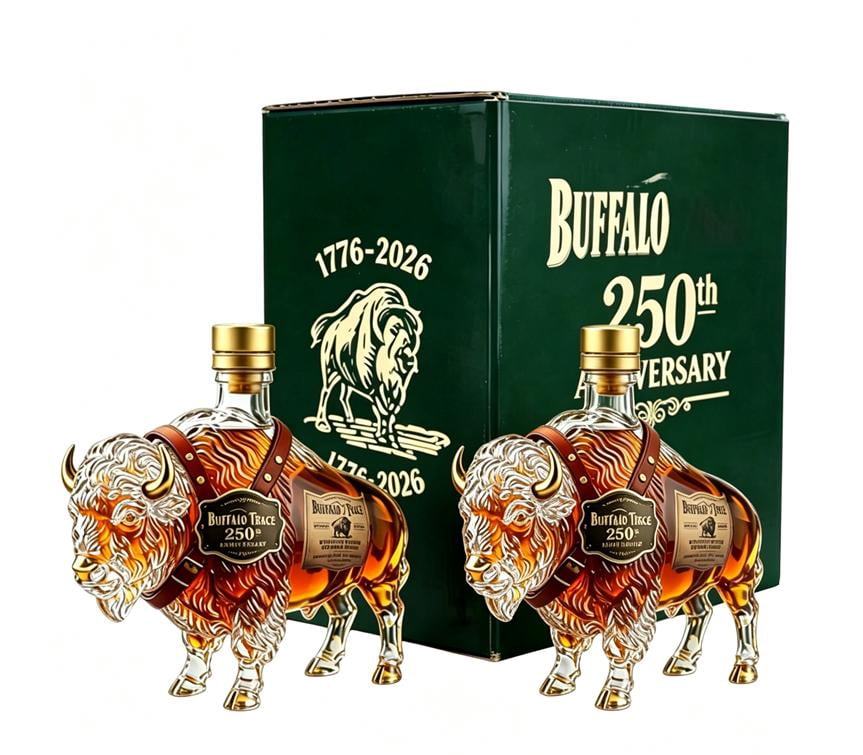 250th Anniversary 3D Bison Buffalo Shaped Glass Decanter, Hand Carved Spirit Liquor Bottle with Green Gift Box, Western Wildlife Bar Display Decor Gift for Bourbon Lovers