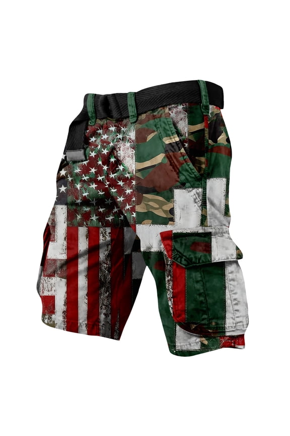 250th Anniversary American Cargo Shorts with Patchwork Flag and Camouflage Print Tactical Short Multiple Pockets Hiking Shorts Men Beltless Army Green L