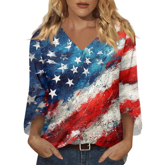 250th Anniversary American Flag Blouses for Women, 3/4 Sleeve V-Neck Flag Print Patriotic Loose Tops 4th of July Memorial Day Casual Tees