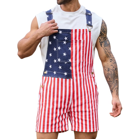 250th Anniversary American Flag Overalls Men Shorts 4th of July Jumpsuit Festival Coveralls Independence Day(Red White and Blue,L)