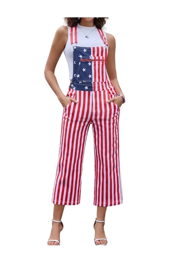 250th Anniversary American Flag Overalls Womens Cropped Fashion Jumpsuit 4th of July Romper Bibs Coveralls(Red White and Blue,XL)