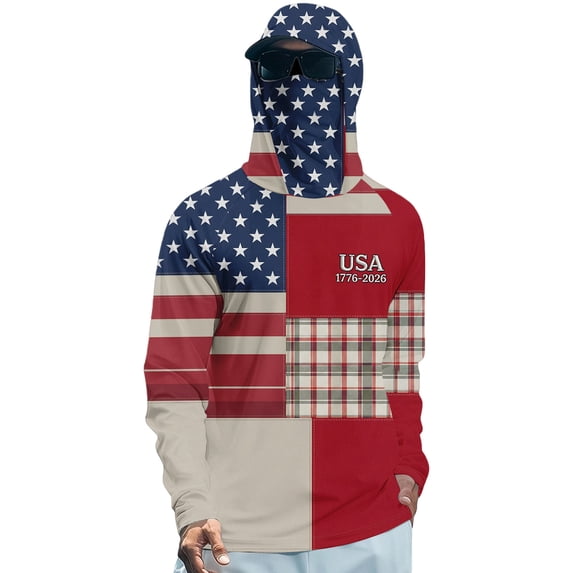 250th Anniversary American Flag Shirt for Man UPF 50+ Sun Protection Long Sleeve Shirts Rash Guard Fishing Hoodie with Face Mask