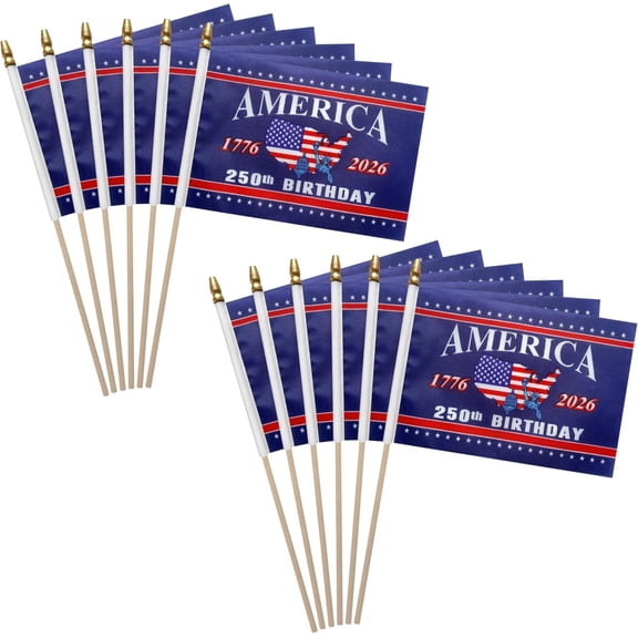 250th Anniversary American Flags 12-Pack USA Handheld Flags for 4th of July, Patriotic Parade Decor