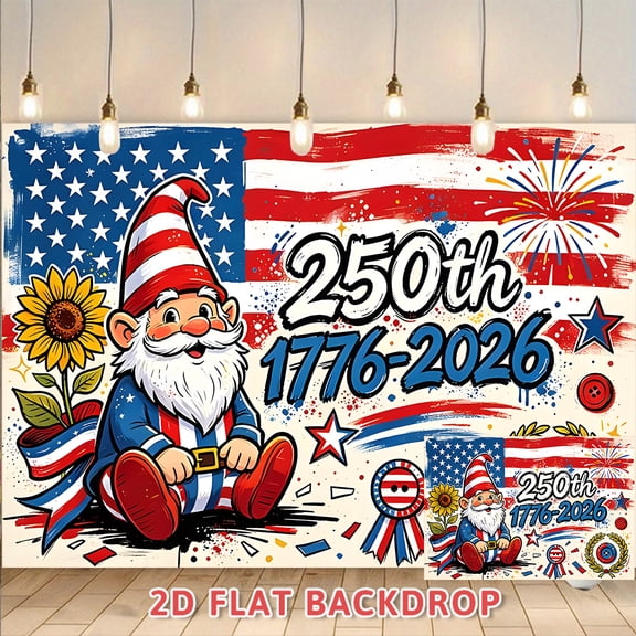 250th Anniversary of American Independence Backdrop 1776-2026 Themed Decorative Banner with American Flag and Gnome Elements, Perfect for Indoor and Outdoor Holiday Parties