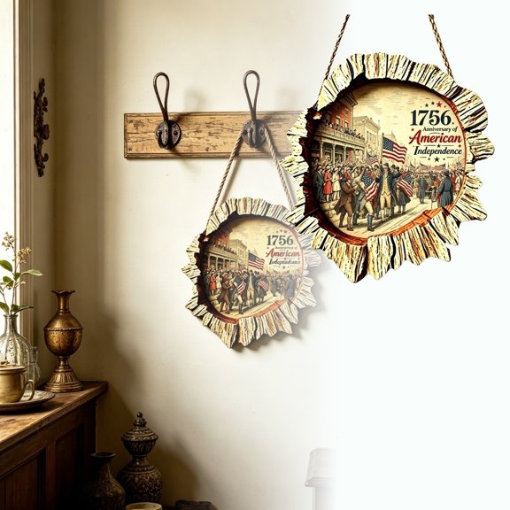 250th Anniversary of American Independence Wooden Hanging Sign, Rustic Tree Slice Patriotic Wall Art, 3 Vintage Styles for 4th of July Home Decor, 11.81IN