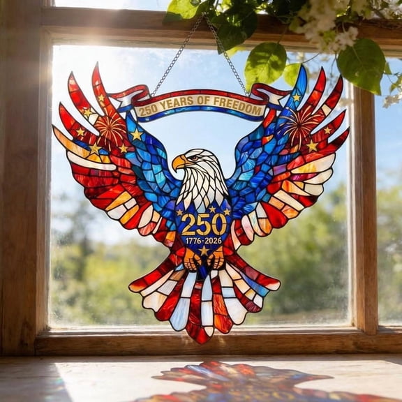 250th Anniversary Bald Eagle Suncatcher, Patriotic Faux Stained Glass Window Hanging, American Eagle Ornament, USA Decor, Independence Gift
