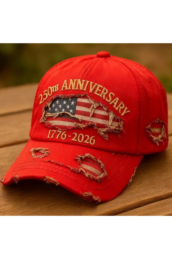 250th Anniversary Baseball Cap, Distressed Denim Hat with Embroidered USA Flag, Vintage Ripped Adjustable Snapback for Independence Day, Semiquincentennial and National Holiday Celebration-Red