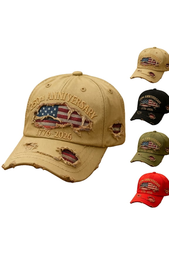 250th Anniversary Baseball Cap, Distressed Denim Hat with Embroidered USA Flag, Vintage Ripped Adjustable Snapback for Independence Day, Semiquincentennial and National Holiday Celebration-Black