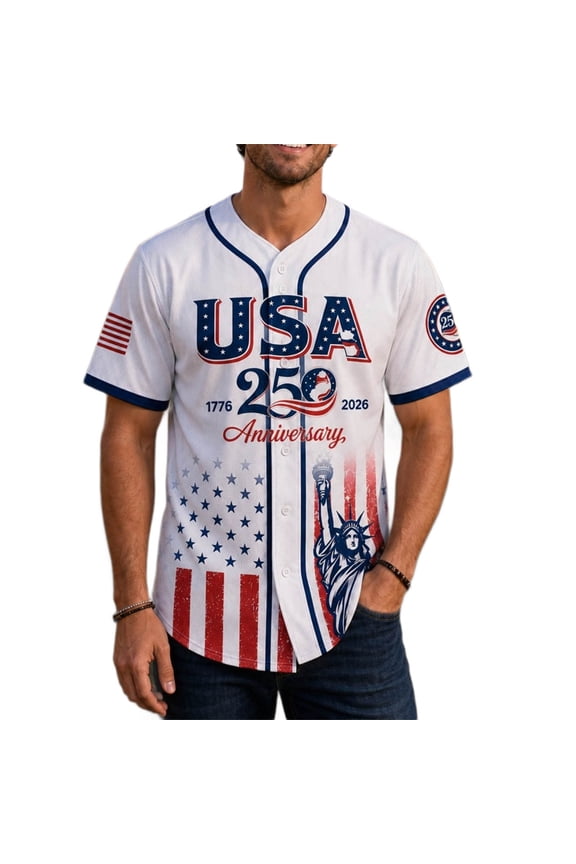 250th Anniversary Baseball Jersey Button Down Print Shirt Short Sleeve
