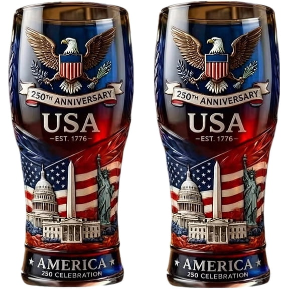 250th Anniversary Beer Glasses Set of 2,U.S. 250th Anniversary Heritage Drinking Glasses,Patriotic Independence Day Beer Glass,1776-2026 Commemorative Drinking Cup,4th of July Memorial Gifts