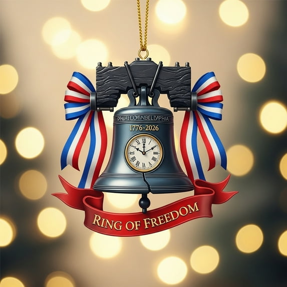 250th Anniversary Bell Ornament, Clock-Accented Design Patriotic Hanging Festive Holiday Decor Unique Collectible for History Enthusiasts