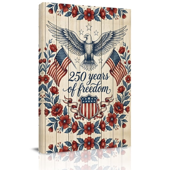 250th Anniversary Canvas Wall Art for Living Room, Bald Eagle American Flag Floral Rustic Poster Print Painting for Bedroom Office Home Decoration Wall Pictures Prepare To Hang 8"x12"
