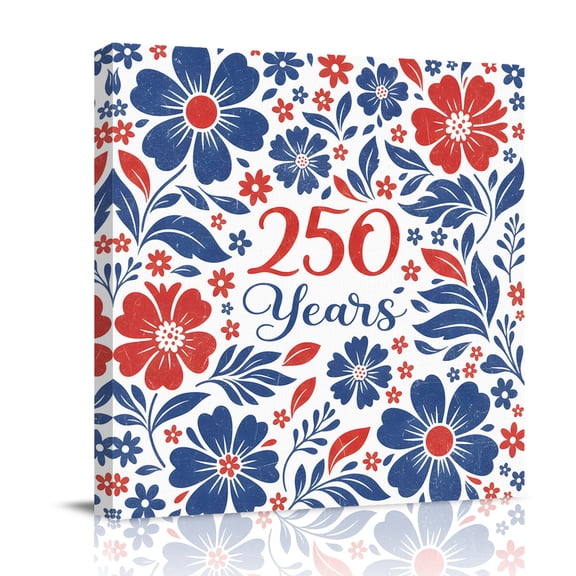 250th Anniversary Canvas Wall Art for Living Room, Red White Blue Flower Independence Day Poster Print Painting for Bedroom Office Home Decoration Wall Pictures Prepare To Hang 8"x8"