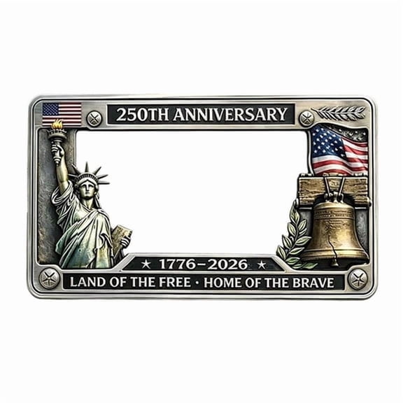 250th Anniversary Commemorative License Plate Frame, 1776-2026 American Patriotic Aluminum License Plate Holder, with Flag Liberty Bell Statue of Liberty Design