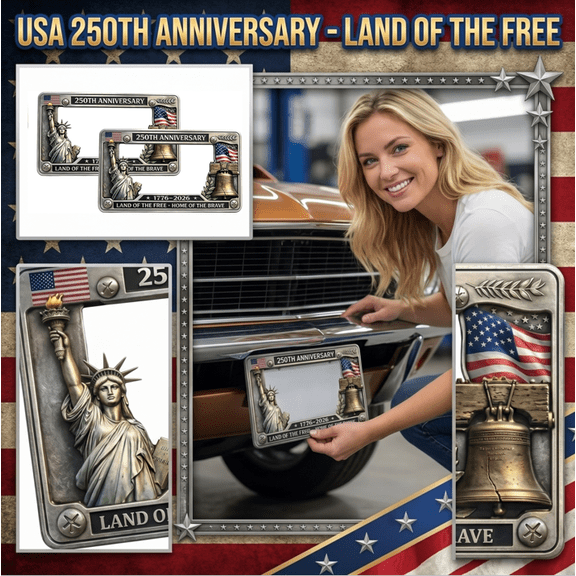 250th Anniversary Commemorative License Plate Frame, 1776-2026 USA Flag Car Tag Holder, Patriotic Aluminum License Plate Frame for Standard US Plates,(2PCS)