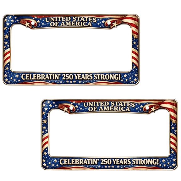 250th Anniversary Commemorative License Plate Frame, 2PC United States 250 Year American Patriotic Frame, 1776-2026 Independence Day License Plate Holder, Metal Car Tag Holder Fits Standard
