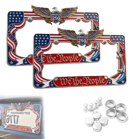 250th Anniversary Commemorative License Plate Frame, United States 250 Year American Car Plate Frame, License Plate Holder Aluminum Fits Standard, American Flag Eagle Car Tag Frame (2)