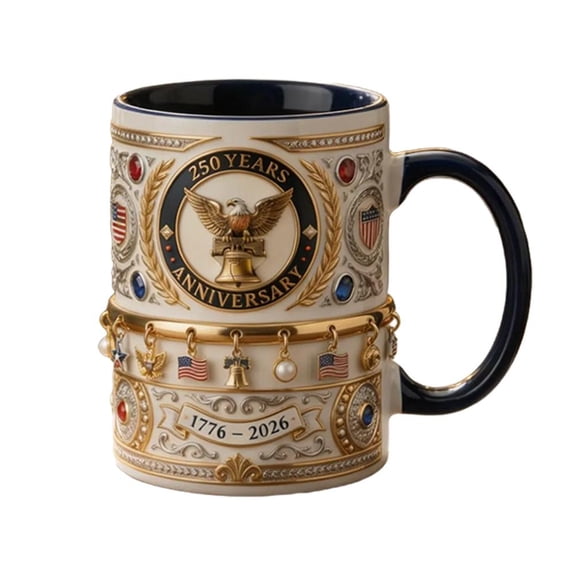 250th Anniversary Commemorative Mug, Embossed Ceramic US Eagle Cup with Dangling Gold Gemsto Patriotic Relief & Faux