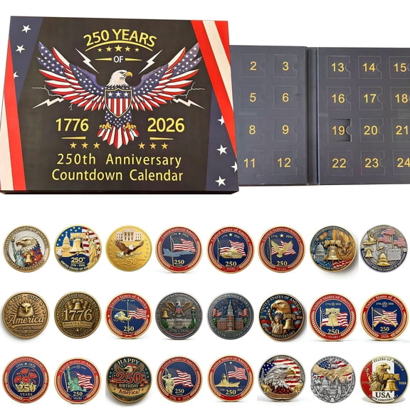 250th Anniversary Countdown Calendar, 24 Days Independence Day Advent Calendar with Commemorative Coin, 2026 Patriotic Gift for Veterans, Collectors, Adults