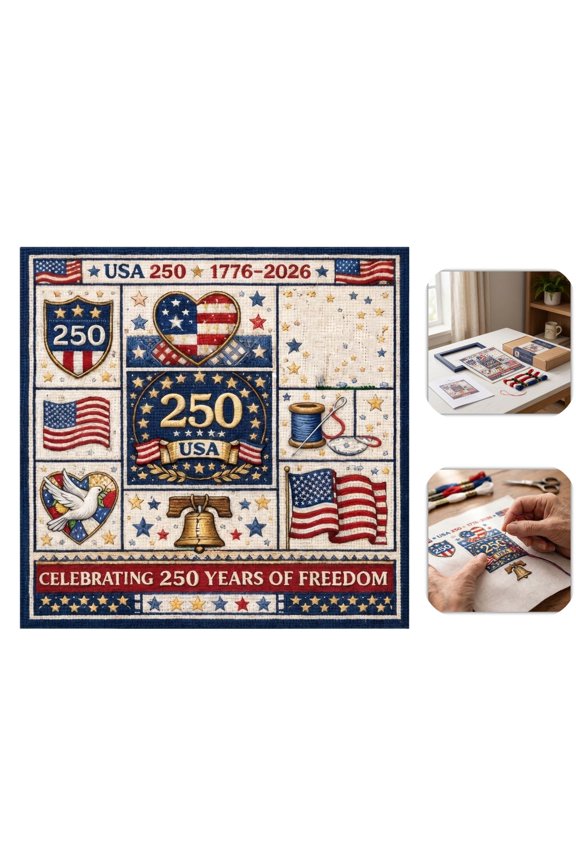 250th Anniversary Cross Stitch Kit, 1776-2026 Patriotic Embroidery Kit For Beginners Adults, All-In-One Needlepoint Set With American Flag Liberty Bell Patterns, For DIY Craft Home Decor Gifts