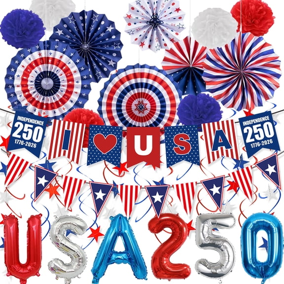 250th Anniversary Decorations Set, 4th of July Decoration, Red White Blue Paper Fans in Patriotic Designs, Balloons 250 Years Garland Set for Independence Memorial Day Party Supplies Decor