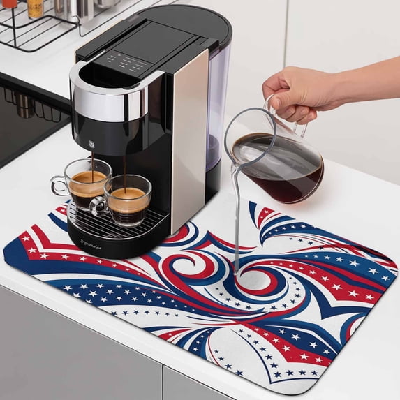 250th Anniversary Dish Drying Mats for Kitchen Counter, Abstract Swirls Stars Independence Day Absorbent Coffee Bar Mat with Non-slip Rubber Backed Quick Drying Dish Rack Pad 12"x16"