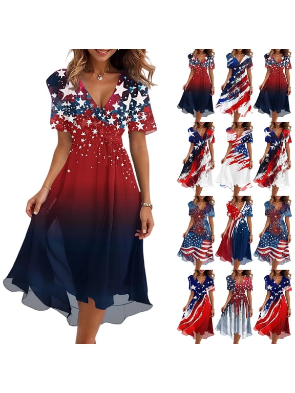 250th Anniversary Dress for Women 1776-2026 - Patriotic USA Flag Star Print V-Neck Short Sleeve Midi Dress - Casual Flowy Summer Party Dress for Independence Day Dark Blue L