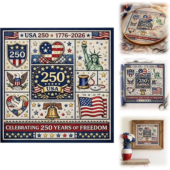 250th Anniversary Embroidery Kit, 1776-2026 Patriotic Cross Stitch Kit For Beginners Adults, All-In-One Needlepoint Set With American Flag Liberty Bell Patterns, For DIY Craft Home Decor Gifts