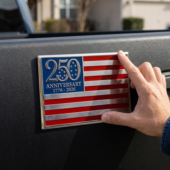 250th Anniversary Flag Metal Emblem, 5x3 Inch Weather-Resistant Metal Badge with Adhesive Backing, Laptops, Toolboxes, and Displays, 2 Pieces
