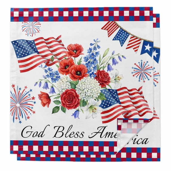 250th Anniversary Floral Cloth Napkins, Red Blue Stars 4th of July Washable and Reusable Dinner Napkins Set of 2, Table Napkin for Kitchen Party Birthday Wedding Hotel Housewarming 20"x20"