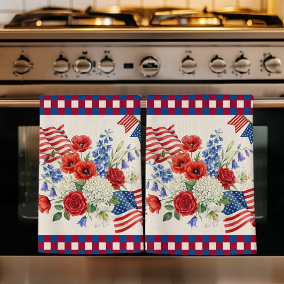 250th Anniversary Floral Kitchen Towels Set of 2, Red Blue Stars 4th of July Rustic Absorbent Dish Towels for Kitchen, Microfiber Hand Towel, Quick Drying Tea Towel for Cleaning Decorative Dishcloths