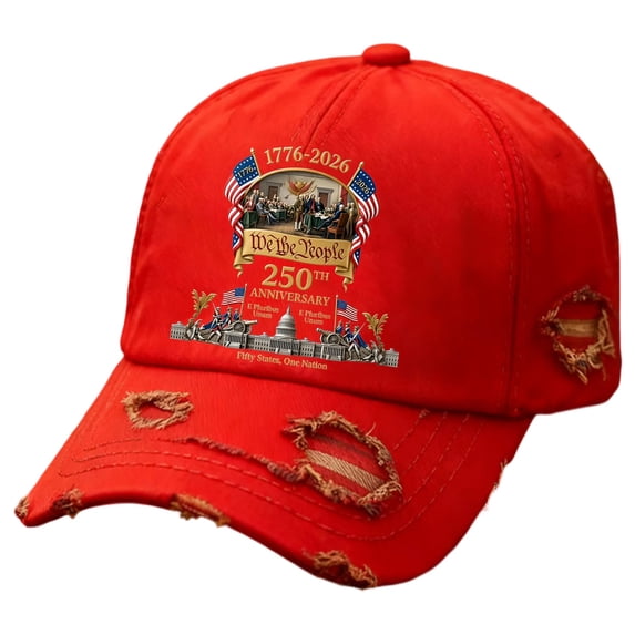 250th Anniversary Hat 1776-2026 - Embroidered Distressed Denim Cap - Vintage Ripped Flag Patriotic American Gift Red