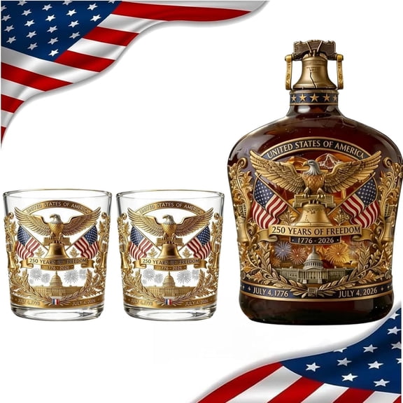 250th Anniversary Heritage Whiskey Decanter Set, 750ml We The People Liquor Bottle with two 300ml Glasses, for Scotch, Bourbon, Wine