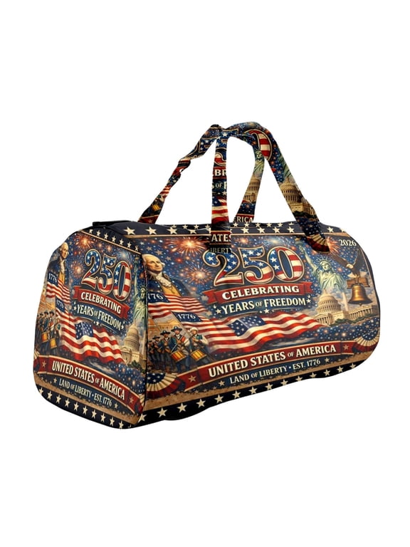250th Anniversary Hippie Van Quilted Duffle Bag, Boho Travel Weekender Bag with Strap, Retro Style for Everyday Travel