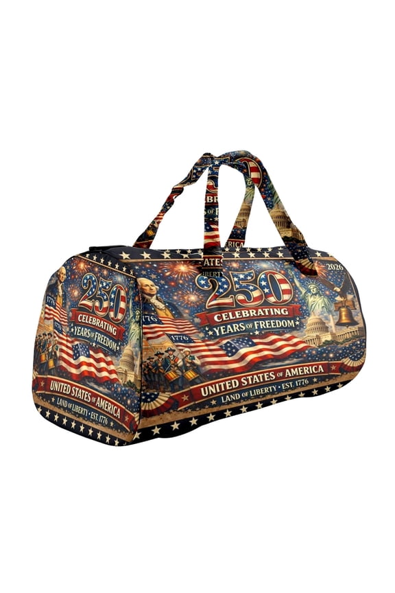 250th Anniversary Hippie Van Quilted Duffle Bag, Boho Travel Weekender Bag with Strap, Retro Style for Everyday Travel