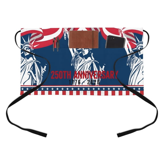250th Anniversary Kitchen Restaurant Half Waist Apron, Statue of Liberty Independence Day Server Short Apron with 3 Pockets Waterproof Oil Waist Aprons for Women Waitress Waiter