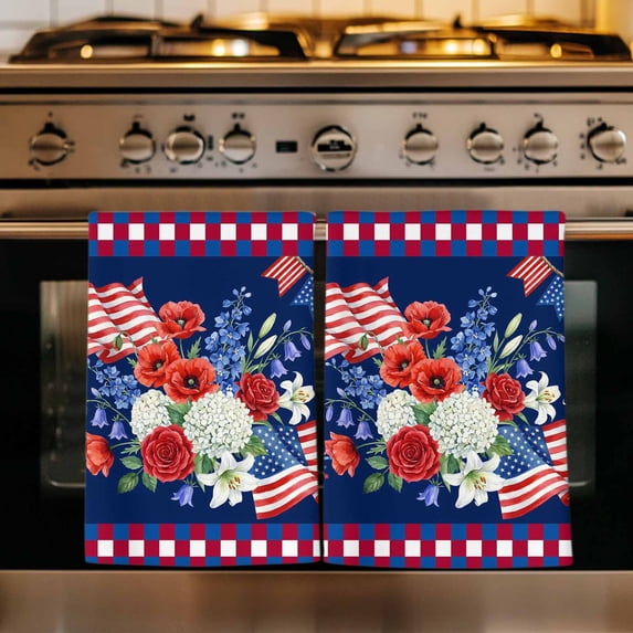 250th Anniversary Kitchen Towels Set of 1, Independence Day Floral Navy Blue Absorbent Dish Towels for Kitchen, Microfiber Hand Towel, Quick Drying Tea Towel for Cleaning Decorative Dishcloths