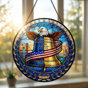 250th Anniversary Liberty Bell Eagle Glass Suncatcher Round Window Hanging, 3.5 in