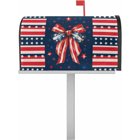 250th Anniversary Mailbox Covers Magnetic Mailbox Wraps, America Freedom Bow Ribbon Navy Blue Red Post Letter Box Cover for Garden Yard Outdoor Decor Standard Size, 18x21 Inch