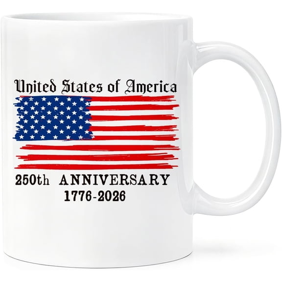 250th Anniversary Mug 1776-2026, Patriotic American Flag Coffee Mug, USA Anniversary Ceramic Cup, 11oz White Mug